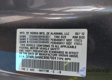 2012 Honda Odyssey Ex-L from USA, damaged, VIN 5FNRL5H66CB067924